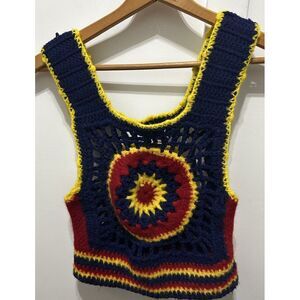BOHO Hippie Vintage Handmade Crochet Granny Purple Flower Vest Tank Small